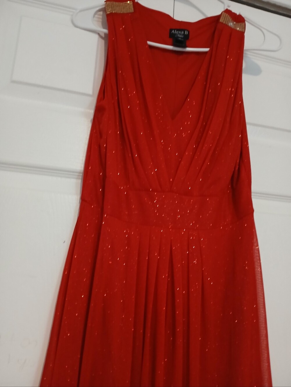 Alexa II Red Sparkle V-Neck Prom Dress with Gold-Accent Shoulders